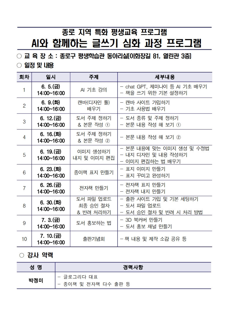 AI와 함께하는 글쓰기 심화과정 프로그램 내용 안 1